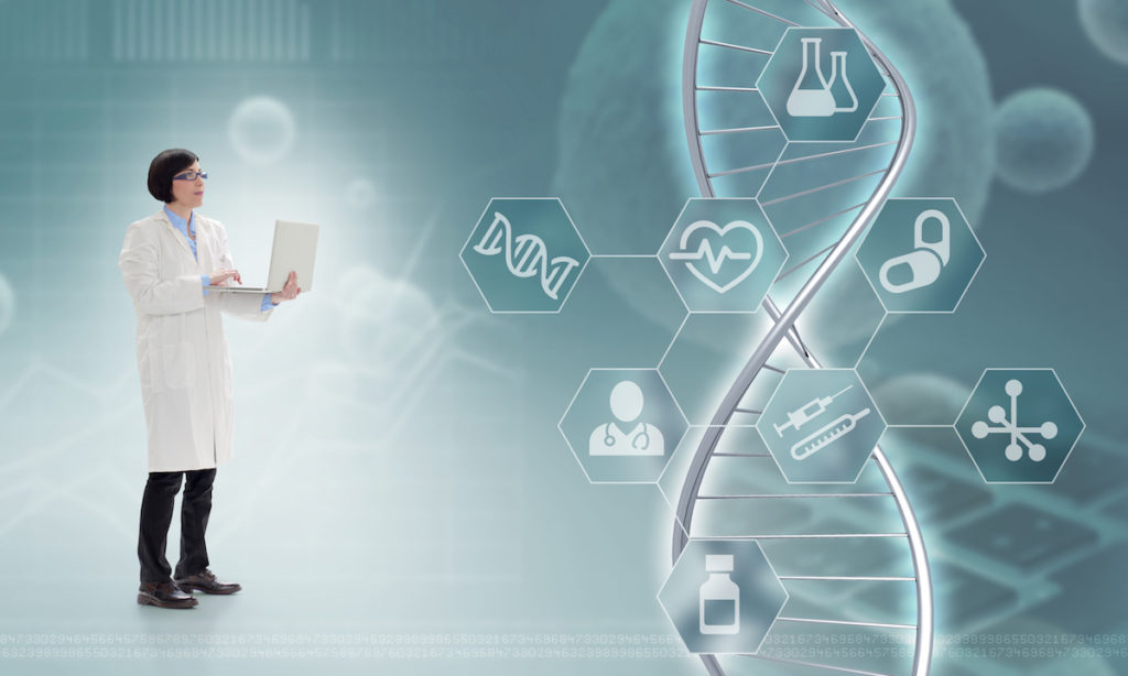 doctor holding a laptop in front of a DNA hologram, 3d illustration