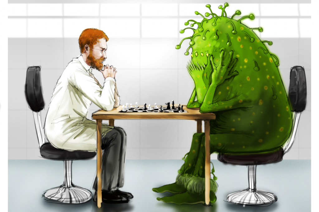 Gavilan scientist playing chess with green virus