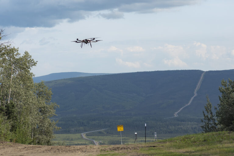 The Skyfront Perimeter UAV taking off from the Alyeska trans-Alaska pipeline right of way near Fox for the first true beyond-visual-line-of-sight commercial flight, approved by the Federal Aviation Administration under the small UAS rule. The UAV flew 3.87 miles along the pipeline corridor.